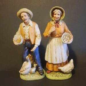 Vintage Homco Old man and Old woman farmers Figurines Home holding baskets 8"